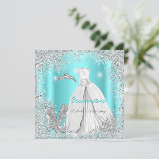 Quinceanera Party Blauwgroen Blue Silver Snowflake Kaart (Staand voorkant)