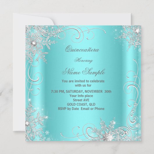Quinceanera Party Blauwgroen Blue Silver Snowflake Kaart (Achterkant)