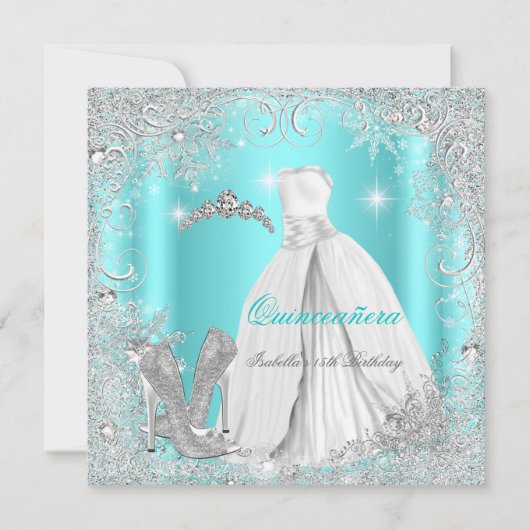 Quinceanera Party Blauwgroen Blue Silver Snowflake Kaart (Voorkant)