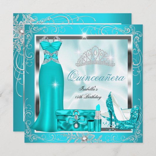 Quinceanera Party Blauwgroen Blue Silver Snowflake Kaart (Voorkant / Achterkant)