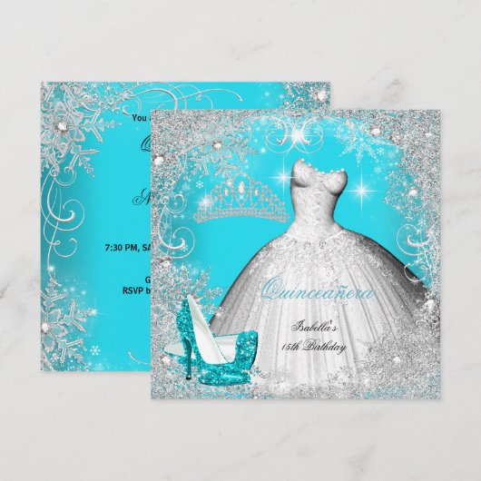 Quinceanera Party Blauwgroen Blue Silver Snowflake Kaart (Voorkant / Achterkant)