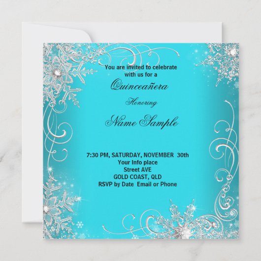 Quinceanera Party Blauwgroen Blue Silver Snowflake Kaart (Achterkant)