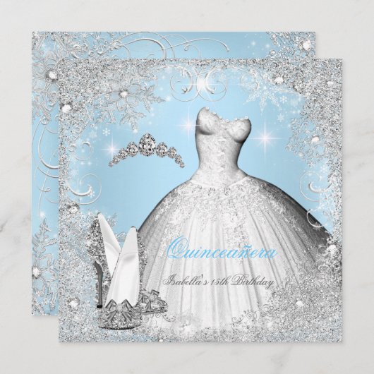 Quinceanera Party Blue Silver Snowflakes Kaart (Voorkant / Achterkant)