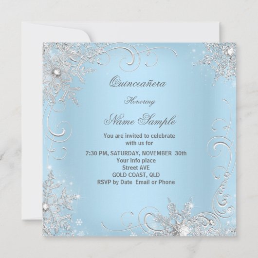 Quinceanera Party Blue Silver Snowflakes Kaart (Achterkant)
