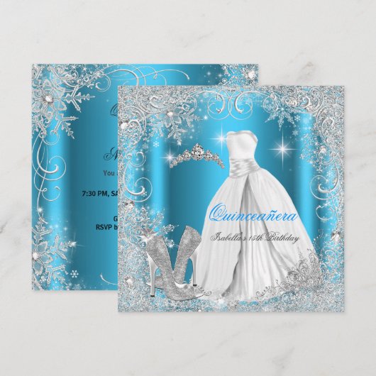 Quinceanera Party Blue Silver Winter Snowflakes Kaart (Voorkant / Achterkant)