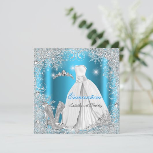 Quinceanera Party Blue Silver Winter Snowflakes Kaart (Staand voorkant)