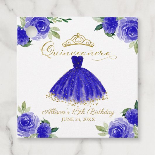 Quinceanera Party Blush Gown Royal Blue Floral Bedankjes Labels (Voorkant)