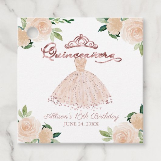 Quinceanera Party Blush Gown Roze Bloemen Favor Ta Bedankjes Labels (Voorkant)
