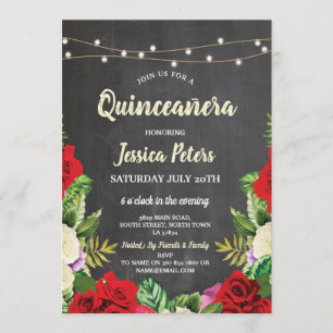 Quinceanera Party Chalk Red Roses Floral Invite Kaart