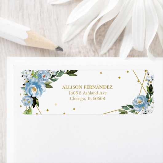 Quinceanera Party Gold Foil Dusty Blue Floral Lab Etiket (Insitu)