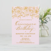 Quinceanera Party Goud Roos Bloemen Blush Roze Kaart (Staand voorkant)