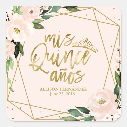 Quinceanera Party Gouden Folie Blush Roze Vierkante Sticker (Voorkant)