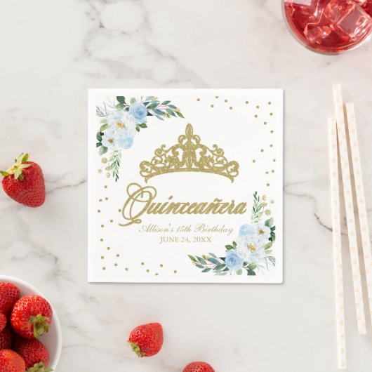 Quinceanera Party Gouden Tiara Baby Blauwe Bloemen Servet (Insitu)