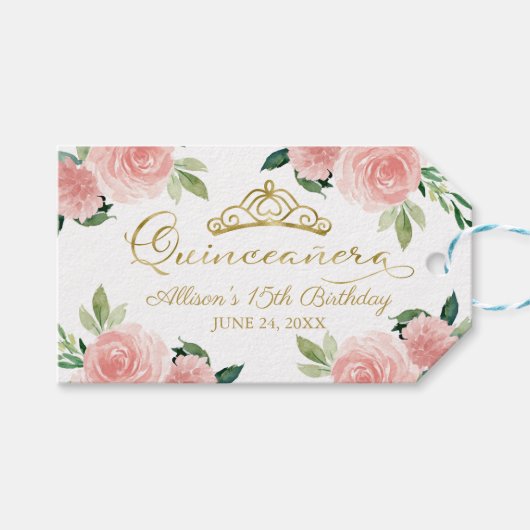 Quinceanera Party Gouden Tiara Blush Roze Bloemen  Cadeaulabel (Voorkant (Horizontaal))