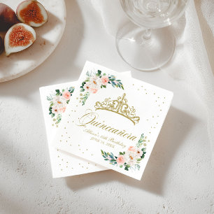 Quinceanera Party Gouden Tiara Blush Roze Bloemen Servet