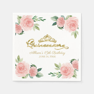 Quinceanera Party Gouden Tiara Blush Roze Bloemen Servet