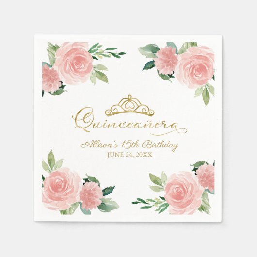 Quinceanera Party Gouden Tiara Blush Roze Bloemen Servet (Voorkant)