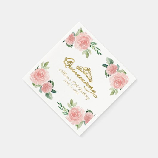 Quinceanera Party Gouden Tiara Blush Roze Bloemen Servet (Hoek)