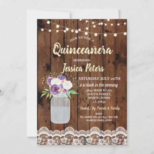 Quinceanera Party Hout Kant Bloemen Potje Uitnodig Kaart (Voorkant)