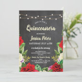 Quinceanera Party Krijt Rode Rozen Bloemen Uitnodi Kaart (Staand voorkant)