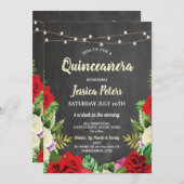 Quinceanera Party Krijt Rode Rozen Bloemen Uitnodi Kaart (Voorkant / Achterkant)