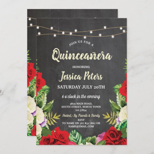 Quinceanera Party Krijt Rode Rozen Bloemen Uitnodi Kaart (Voorkant / Achterkant)