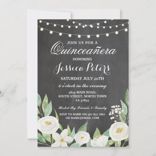 Quinceanera Party Krijt Witte Bloemen Uitnodigen 1 Kaart (Voorkant)