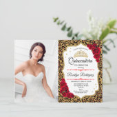 Quinceanera Party - Leopard Print Red White Foto Kaart (Staand voorkant)