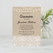 Quinceanera Party Lights Rustic Burlap Lace Invite Kaart (Staand voorkant)