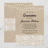 Quinceanera Party Lights Rustic Burlap Lace Invite Kaart (Voorkant / Achterkant)