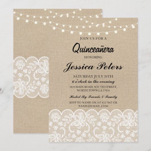 Quinceanera Party Lights Rustic Burlap Lace Invite Kaart (Voorkant / Achterkant)