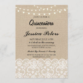 Quinceanera Party Lights Rustic Burlap Lace Invite Kaart