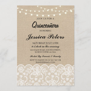 Quinceanera Party Lights Rustic Burlap Lace Invite Kaart