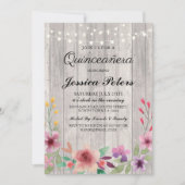 Quinceanera Party Lights Rustic Wood Floral Invite Kaart (Voorkant)