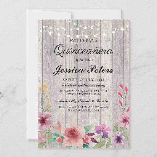 Quinceanera Party Lights Rustic Wood Floral Invite Kaart (Voorkant)