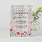 Quinceanera Party Lights Rustic Wood Floral Invite Kaart (Staand voorkant)