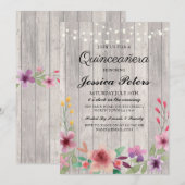 Quinceanera Party Lights Rustic Wood Floral Invite Kaart (Voorkant / Achterkant)