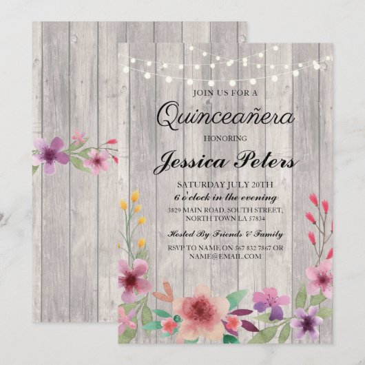 Quinceanera Party Lights Rustic Wood Floral Invite Kaart (Voorkant / Achterkant)