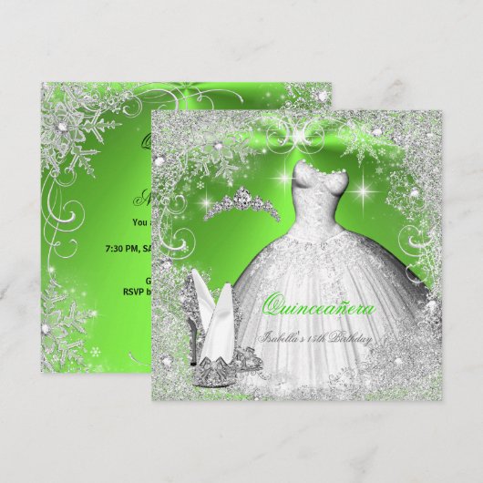 Quinceanera Party Lime Green Silver Snowflakes Kaart (Voorkant / Achterkant)