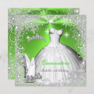 Quinceanera Party Lime Green Silver Snowflakes Kaart