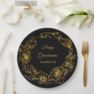 Quinceanera Party Luxe Goud Roos Bloemen Zwart Papieren Bordje