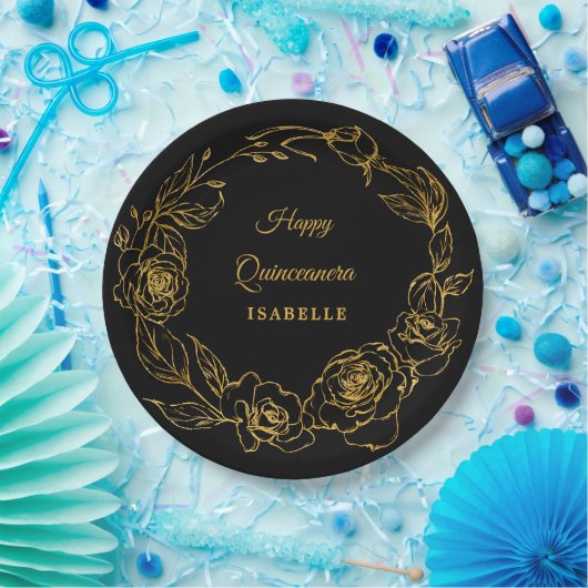 Quinceanera Party Luxe Goud Roos Bloemen Zwart Papieren Bordje (Feest)