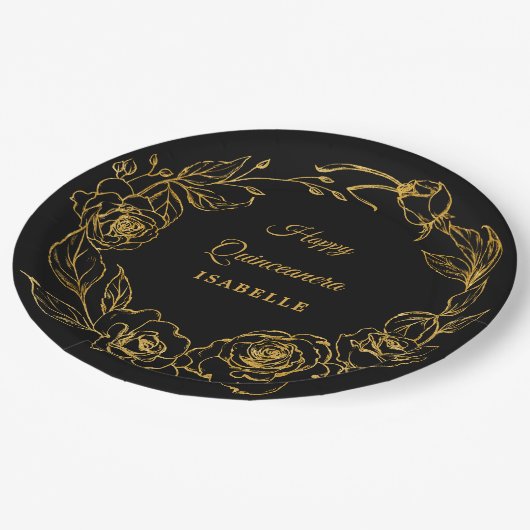 Quinceanera Party Luxe Goud Roos Bloemen Zwart Papieren Bordje (Gekanteld)