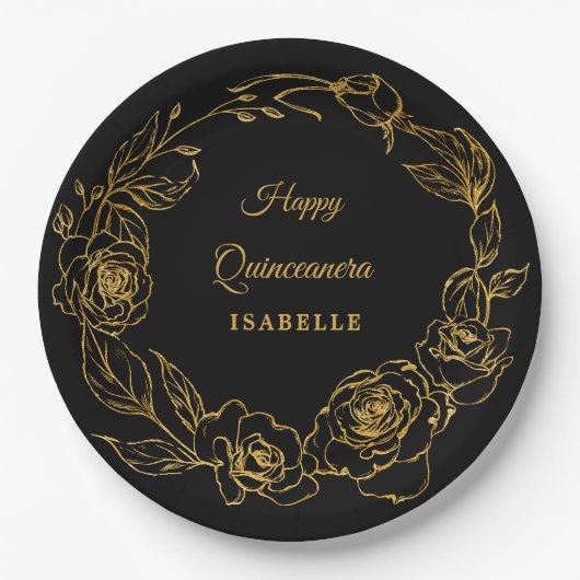 Quinceanera Party Luxe Goud Roos Bloemen Zwart Papieren Bordje (Voorkant)