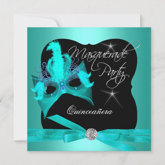 Quinceanera Party Masquerade Blauwgroen Black Kaart (Voorkant)