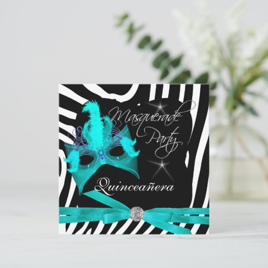 Quinceanera Party Masquerade Blauwgroen Zebra Kaart (Staand voorkant)