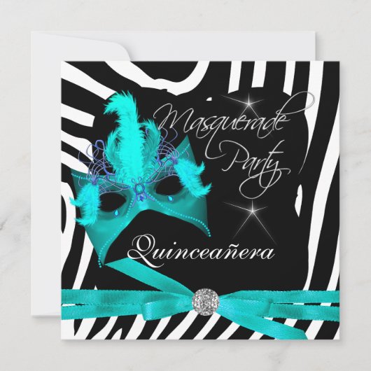 Quinceanera Party Masquerade Blauwgroen Zebra Kaart (Voorkant)