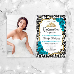 Quinceanera Party Met Foto - Blauwgroen Goud Zwart Kaart