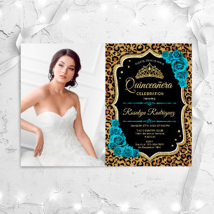Quinceanera Party Met Foto - Leopard Print Blauwgr Kaart