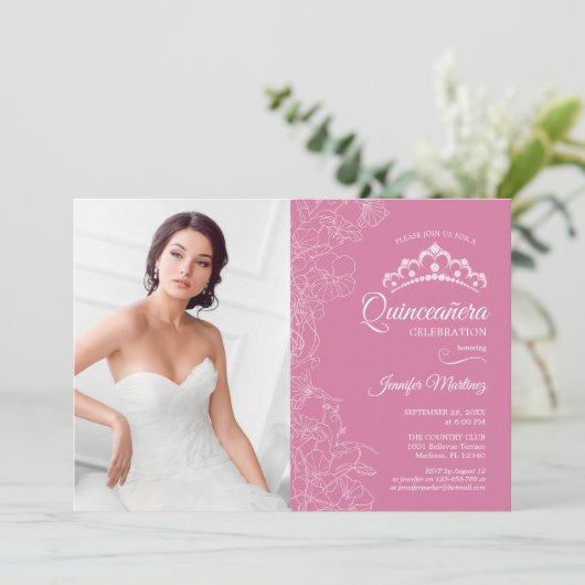 Quinceanera Party Met Foto - Roze Witte Bloemen Kaart (Staand voorkant)